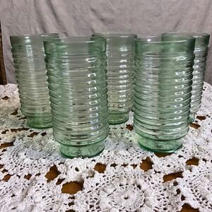5 Anchor Hocking Vintage Light Green Ribbed Tumbler Glasses AG1-1 MCM Retro